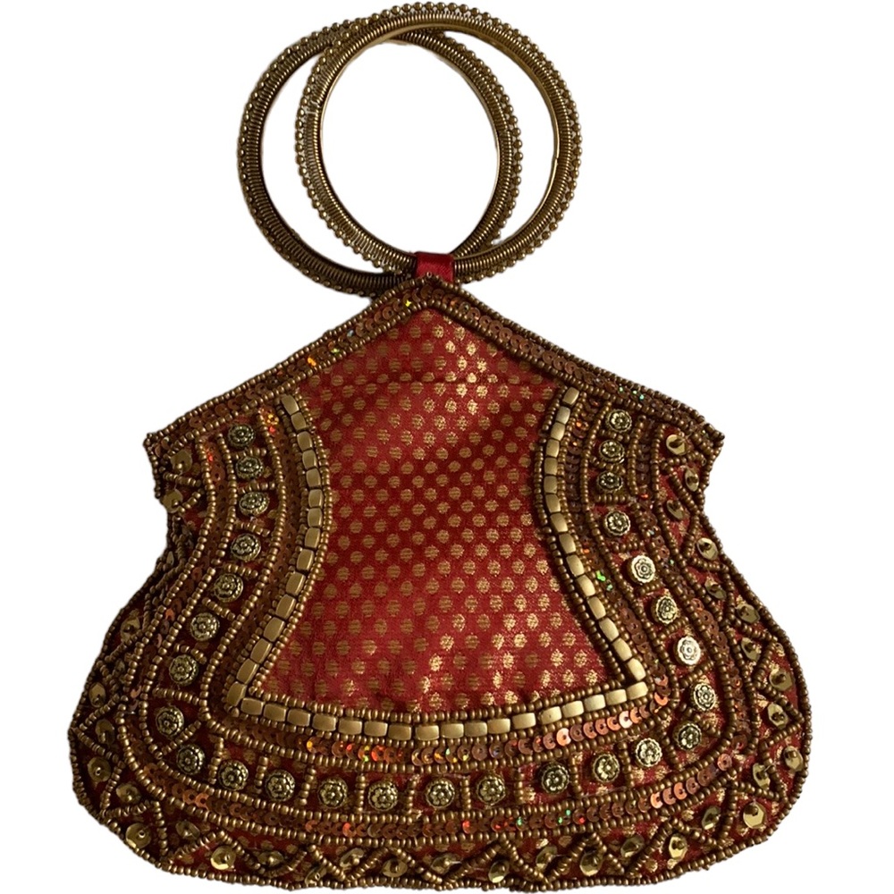 Indian Red & Gold Beaded & Embroidered Wristlet Bag
